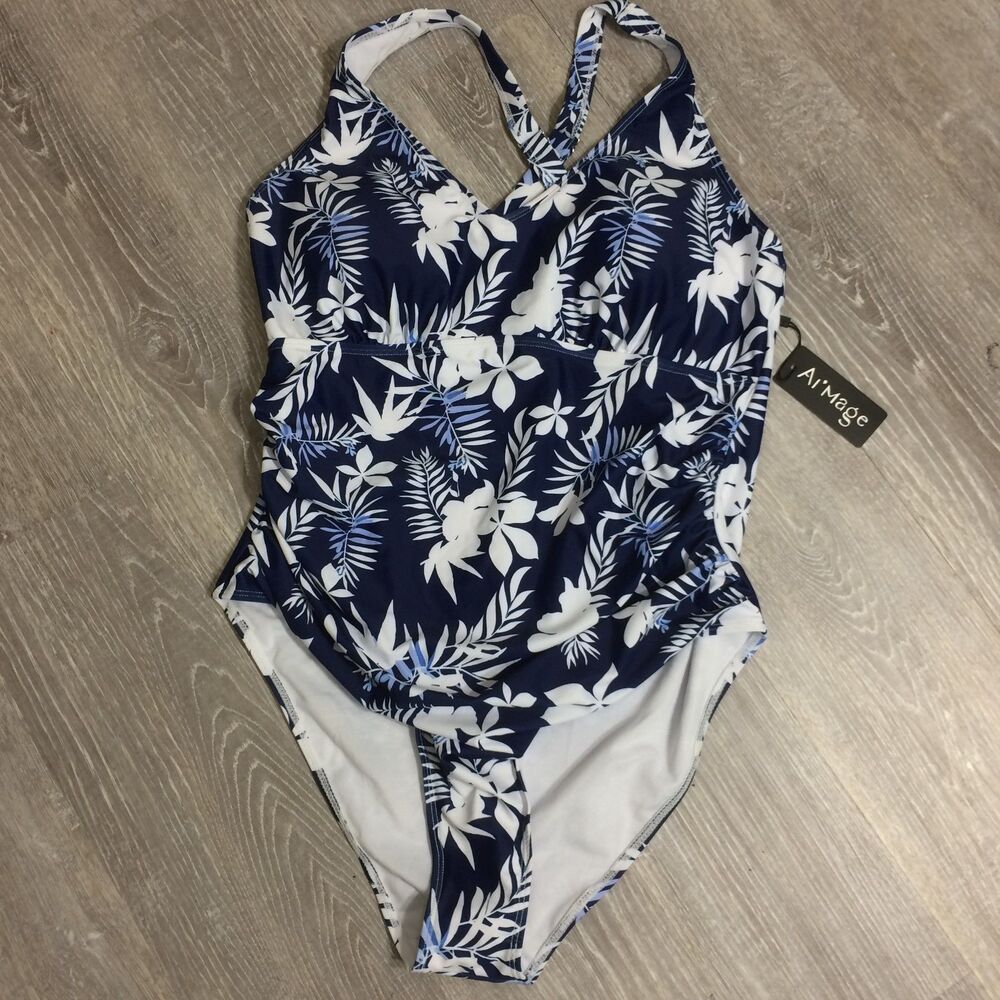 Ai'Mage NWT Blue White One Piece Swimsuit XL Criss Cross Back Adjustable Straps - Picture 4 of 7